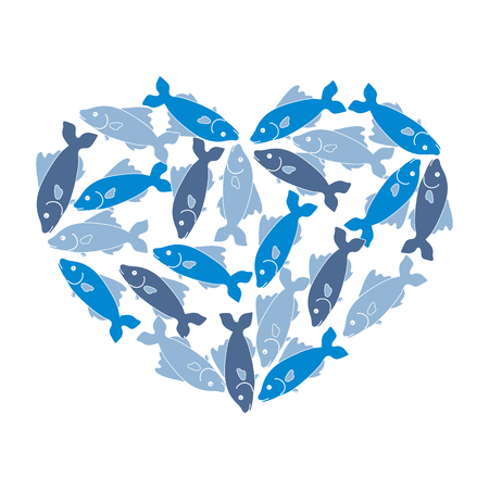 Cute picture of colored fish located along the contour of the heart on a white backgroundのイラスト素材