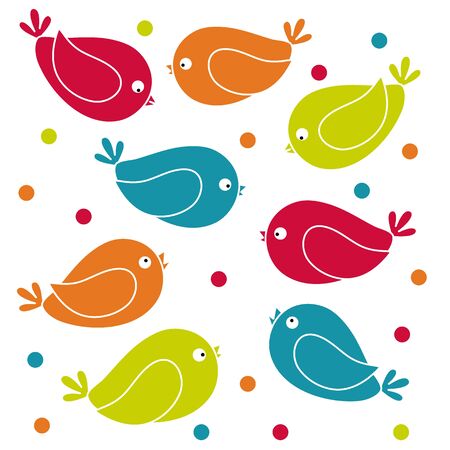 Cute picture with colorful cartoon birds on a white backgroundのイラスト素材