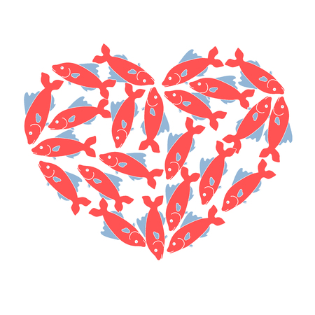 Cute picture of colored fish located along the contour of the heart on a white backgroundのイラスト素材