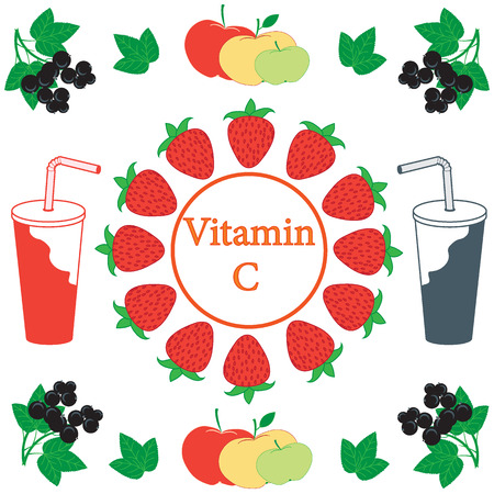 Nice picture of apples, strawberries, black currants and juice rich in vitamin C on a white backgroundのイラスト素材