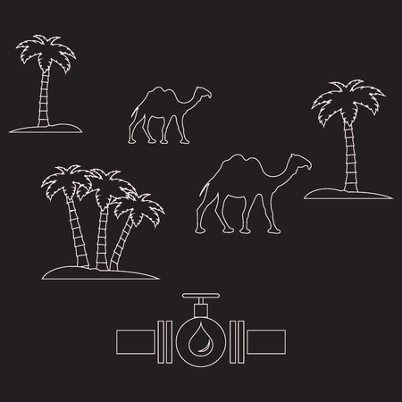 Stylized icon of the pipe with a valve and fuel drops on a color background with palm trees and camelsのイラスト素材