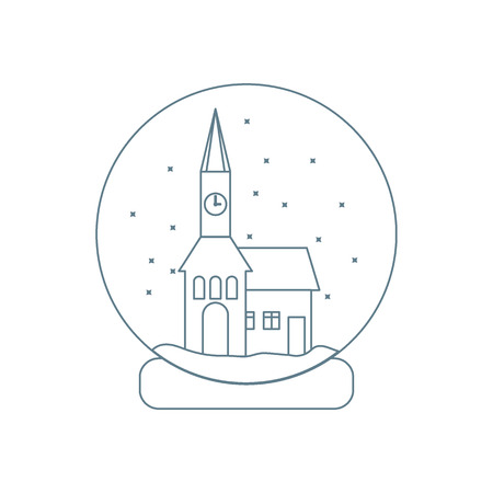 Vector illustration of town hall with clock and the house inside glass ball with snow. Design element for postcard, invitation, banner or flyer made in modern line style vector.のイラスト素材