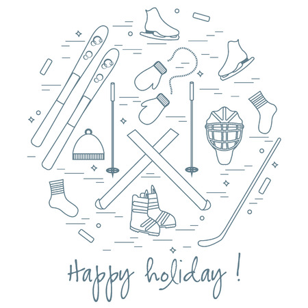 Vector illustration of different elements of sports equipment and clothing for winter sports arranged in a circl. For postcard, invitation, banner, flyer or other polygraphy and design.のイラスト素材