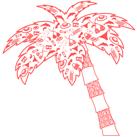 Nice picture: palm-filled contour silhouettes accessories for a beach holiday: hat, swimsuit, dolphin, drop, sunblock, camera, mat for the beach, sun glasses on a white backgroundのイラスト素材