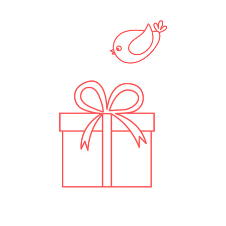 Vector illustration of gift box and a flying bird to her on white background. Made in line style.のイラスト素材