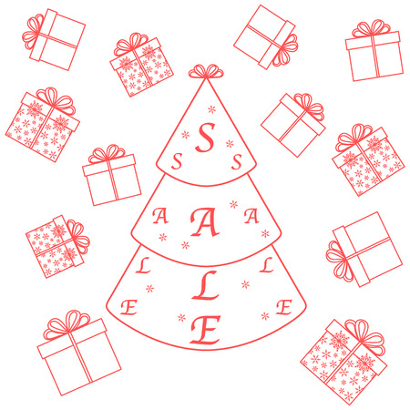 Vector illustration of Christmas tree with text sale and collection of presents and gift boxes. Design element for postcard, invitation, banner or flyer.のイラスト素材