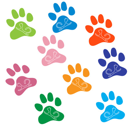 Nice picture of silhouette cats lying inside multicolored animal traces on a white background.のイラスト素材