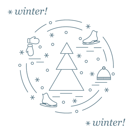 Vector illustration for sports figure skating arranged in a circle. Including icons of skates, gloves, hat, spruce. Winter elements made in line style.のイラスト素材