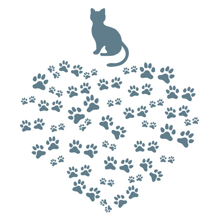 Nice picture of silhouette sitting cat and animal traces on a white backgroundのイラスト素材