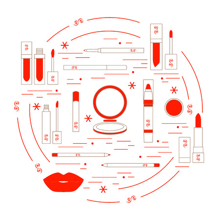 Vector illustration of different lip make-up tools arranged in a circle. Including icons of lipsticks, mirror, lip liner, lip gloss, lip. Glamour fashion vogue style.のイラスト素材