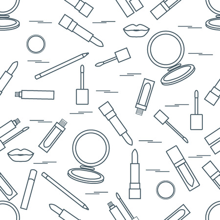 Seamless pattern of different lip make-up tools. Vector illustration of lipsticks, mirror, lip liner, lip gloss and other. Glamour fashion vogue style.のイラスト素材
