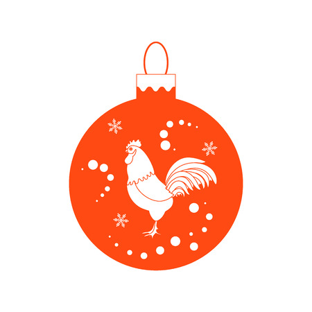 Cute picture with colour Christmas ball with rooster and snowfalls on white background.のイラスト素材