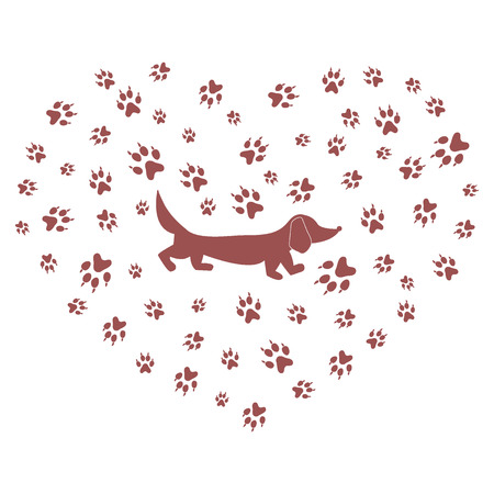 Nice picture of dachshund silhouette on a background of dog tracks in the form of heart on a white background.のイラスト素材