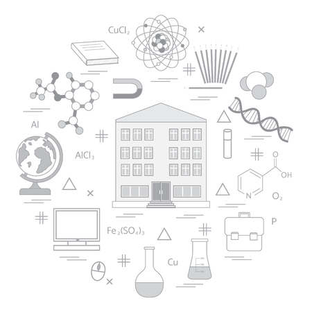 Vector illustration of variety scientific, education elements in a circle. Including icons of school, globe, pencil, magnet, flask, molecule and other.のイラスト素材