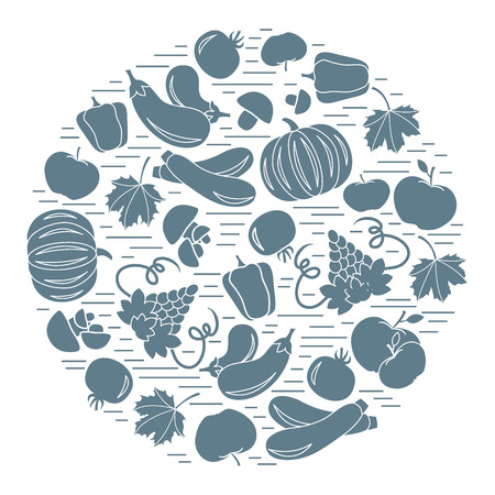 Set of autumn seasonal fruits and vegetables in circle. Tomato, pepper, grapes, zucchini and other fall fruits and vegetables for announcement, advertisement, flyer or banner.のイラスト素材