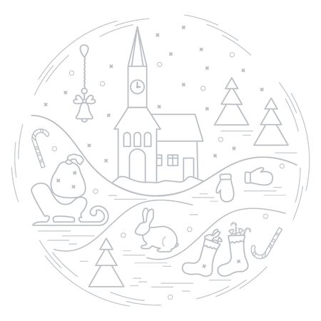 Vector illustration of different new year and christmas symbols arranged in a circle. Winter elements made in line style.のイラスト素材