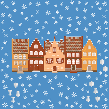 Vector illustration houses in the snow. Design element for postcard, banner, flyer or print. Christmas card.のイラスト素材