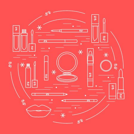 Vector illustration of different lip make-up tools arranged in a circle. Including icons of lipsticks, mirror, lip liner, lip gloss, lip. Glamour fashion vogue style.のイラスト素材