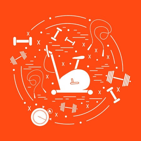 Vector illustration of different kinds of sports equipment arranged in a circle. Including icons of skipping rope, stopwatch, exercise bike, dumbbells. Isolated elements on a colored background.のイラスト素材