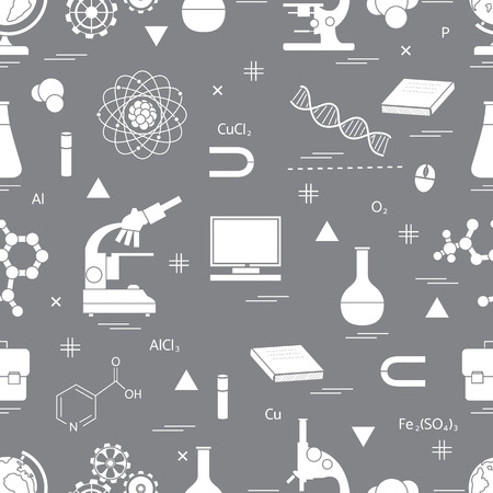 Seamless pattern with variety scientific, education elements: globe, microscope,magnet, flask, molecule and other. Design for banner, flyer, poster or print.のイラスト素材