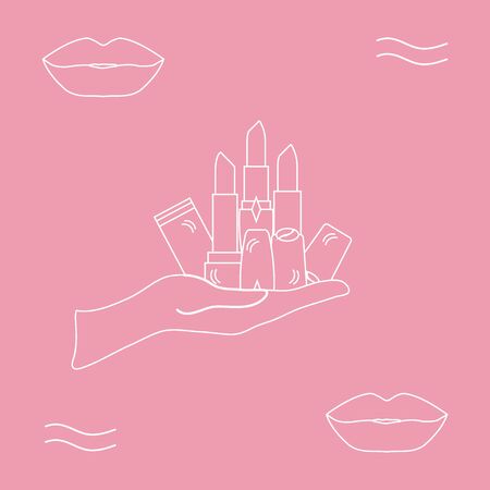 illustration with hand holding out a various tubes of  lipstick. Glamour fashion vogue style.のイラスト素材