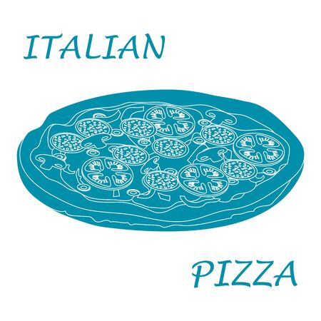 Nice illustration of tasty, appetizing pizza with inscriptions on a white background.のイラスト素材