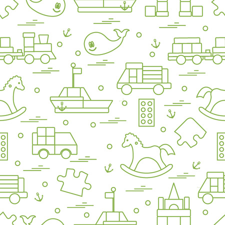 illustration kids toys objects: train, puzzle, designer, boat, car, whale and other. Design element for postcard, banner, invitations, textiles or print.のイラスト素材
