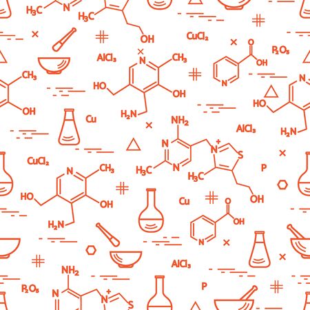 Seamless pattern with variety scientific, education elements: flask, formula, pestle and other. Design for banner, poster or print.のイラスト素材