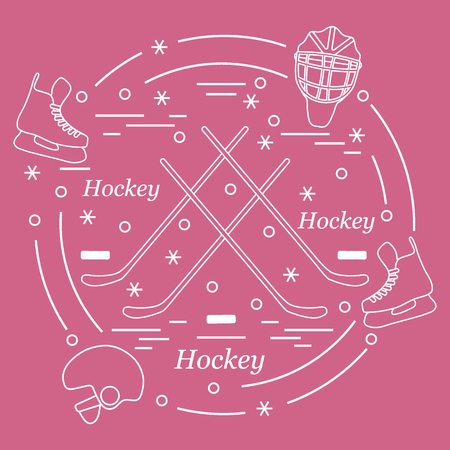 Vector illustration of various subjects for hockey arranged in a circle. Including icons of helmet, skates, goalkeeper mask, stick, puck. Winter elements made in line style.のイラスト素材