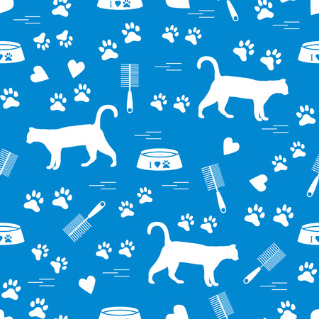 Nice pattern of silhouette walking cat, traces, hearts, bowl and comb need for cat hair. Design for banner, flyer, poster or print.のイラスト素材