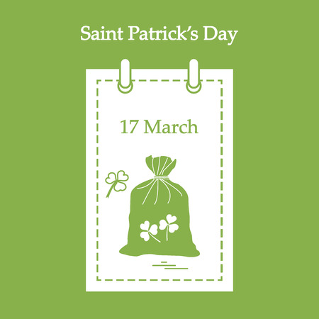 Cute vector illustration: calendar with a bag full of gold coins and clover for St. Patrick's Day. Design for banner, poster or print.のイラスト素材