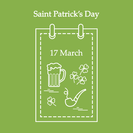 Cute vector illustration: calendar with a beer, clover, tobacco pipe for St. Patrick's Day. Design for banner, poster or print.のイラスト素材