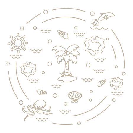 Cute vector illustration with different objects related to tourism and outdoor recreation arranged in a circle. Design for banner, poster or print.のイラスト素材