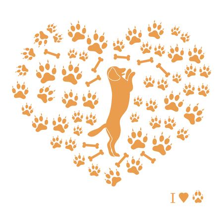 Nice picture of dog standing on its hind legs silhouette on a background of dog tracks and bones in the form of heart on a white background.のイラスト素材