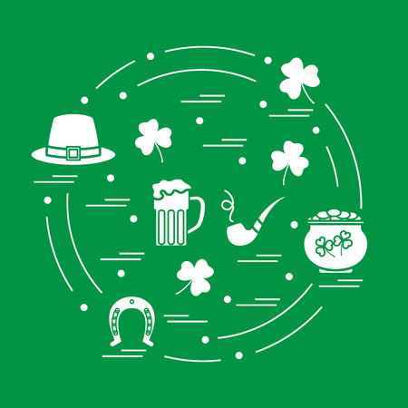 Cute vector illustration with different symbols for St. Patrick's Day arranged in a circle. Design for banner, poster or print.のイラスト素材