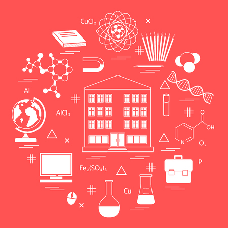 Vector illustration of variety scientific, education elements in a circle. Including icons of school, globe, pencil, magnet, flask, molecule and other.のイラスト素材
