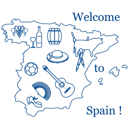 Vector illustration with various symbols of Spain. Travel and leisure. Design for banner, poster or print.のイラスト素材