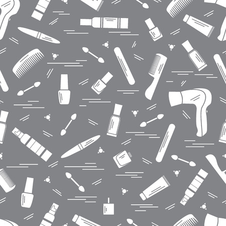 Cute pattern of various accessories of decorative cosmetics, hair  and face care products. Design element for print.のイラスト素材