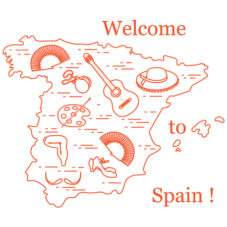 Vector illustration with various symbols of Spain arranged in a circle. Travel and leisure. Design for banner, poster or print.のイラスト素材