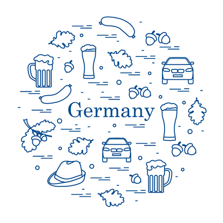 Artistic Vector illustration with various symbols of Germany arranged in a circle. Travel and leisure. Design for banner, poster or print.のイラスト素材
