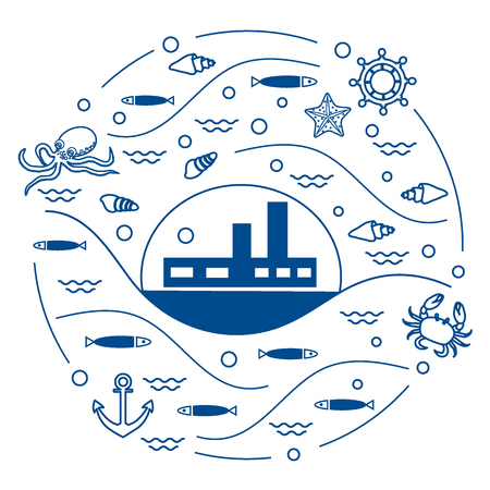 Cute vector illustration with ship, octopus, fish, anchor, helm, waves, seashells, starfish, crab arranged in a circle. Design for banner, poster or print.のイラスト素材