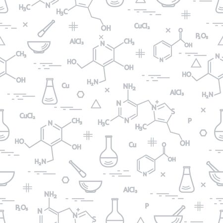 Seamless pattern with variety scientific, education elements: flask, formula, pestle and other.のイラスト素材