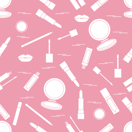 Seamless pattern of different lip make-up tools. Vector illustration of lipsticks, mirror, lip liner, lip gloss and other. Glamour fashion vogue style.のイラスト素材