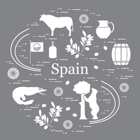 Vector illustration with various symbols of Spain arranged in a circle. Travel and leisure. Design for banner, poster or print.のイラスト素材