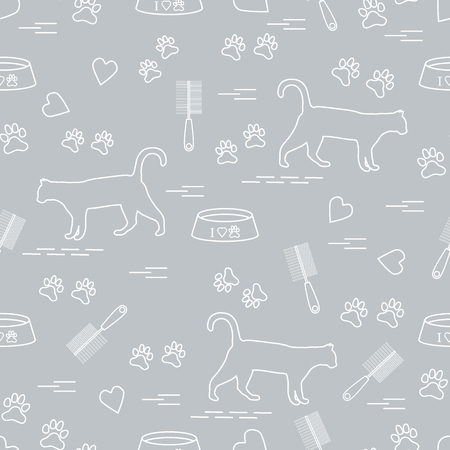 Nice pattern of silhouette walking cat, traces, hearts, bowl and comb need for cat hair. Design for banner, flyer, poster or print.のイラスト素材