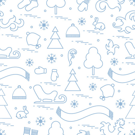 Seamless pattern with variety winter elements:  sleigh, tree, scarf, hat, mittens, socks and other. Design for banner, flyer, poster or print.のイラスト素材