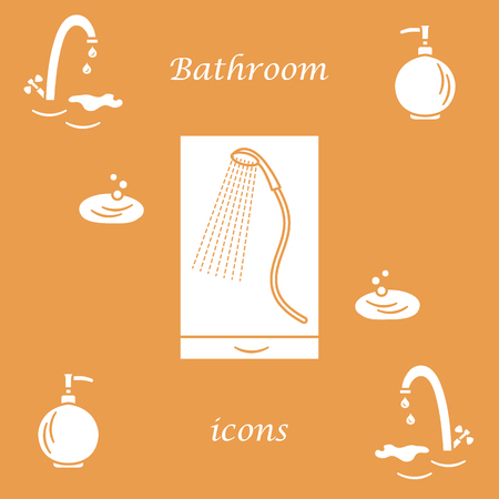 Set of vector illustrations of variety bathroom elements: faucet, liquid soap dispenser, shower. Design for poster or print.のイラスト素材