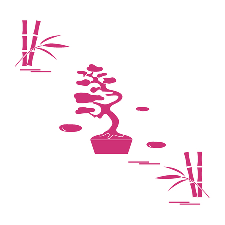 Stylized icon of bonsai tree and bamboo. Travel and leisure. Design for banner, poster or print.のイラスト素材