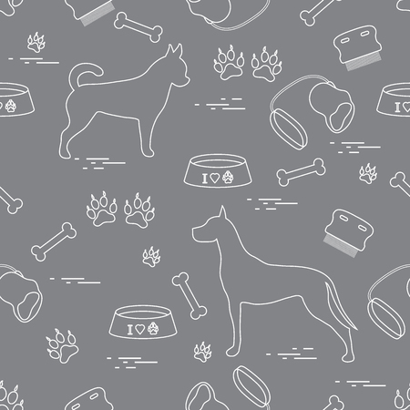 Seamless pattern with great dane and chihuahua, silhouette, comb, collar, leash, bone, bowl for food, dog tracks. Design for banner, poster or print.のイラスト素材
