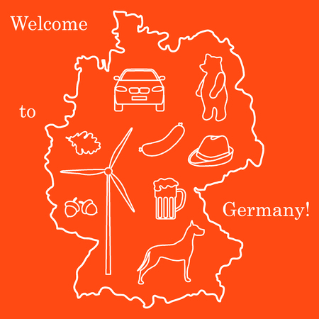 Vector illustration with various symbols of Germany. Travel and leisure. Design for banner, poster or print.のイラスト素材